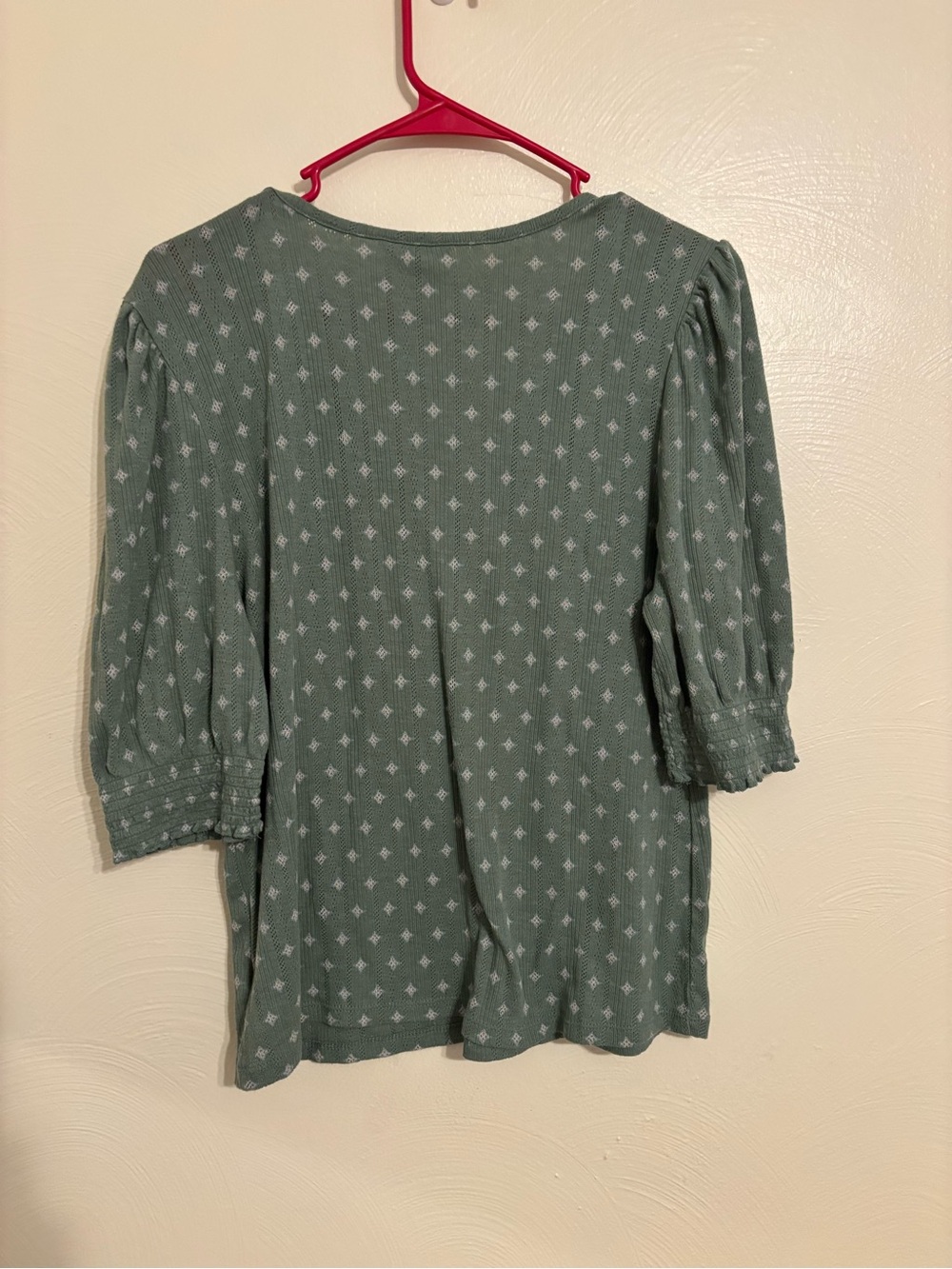 Lucky Brand Sage Green Pointelle Knit Peasant Top Large Boho 3/4 Puff Sleeve - Picture 8 of 8